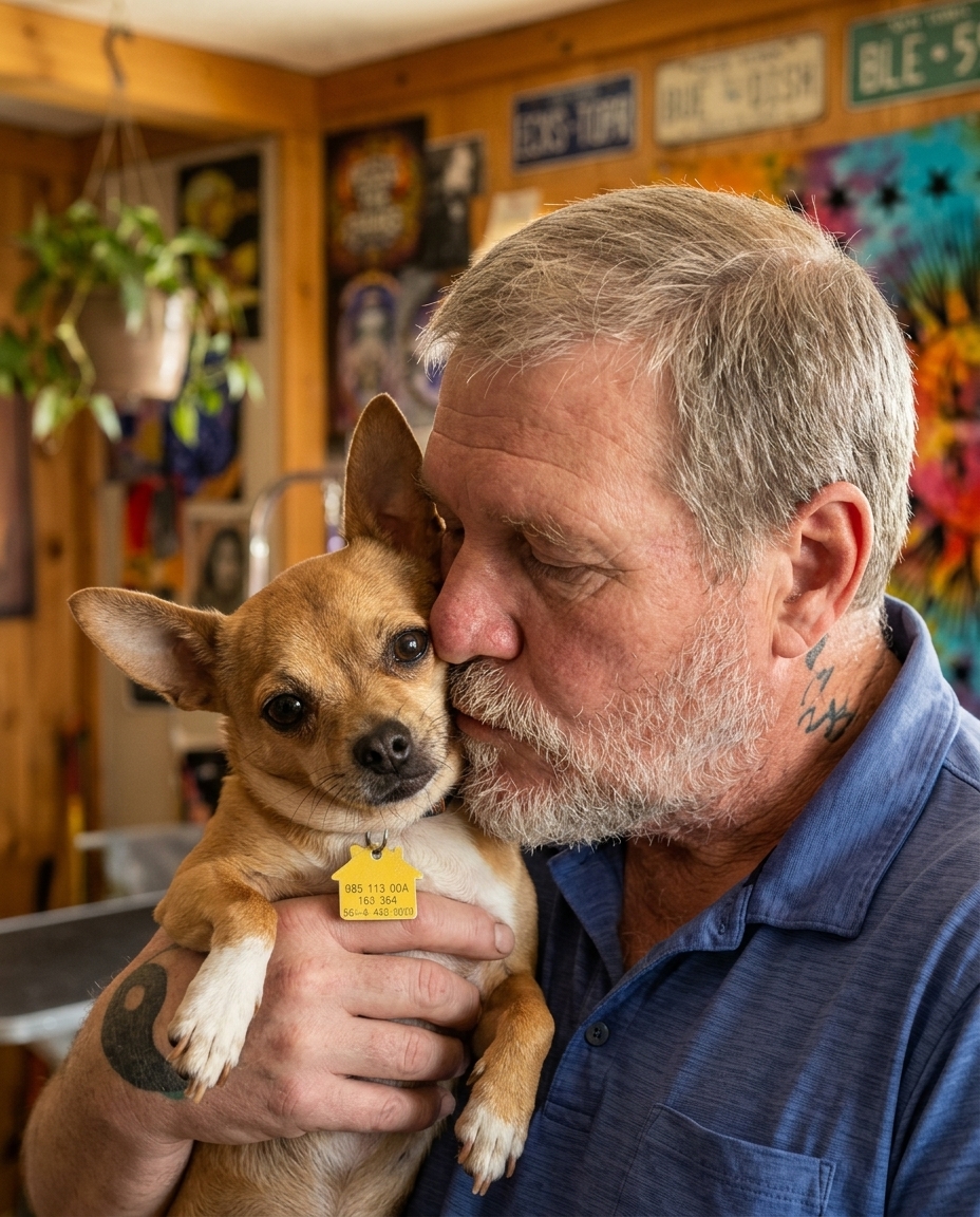 Brad, co-owner of Love My Dog Grooming Studio, holding a small chihuahua.