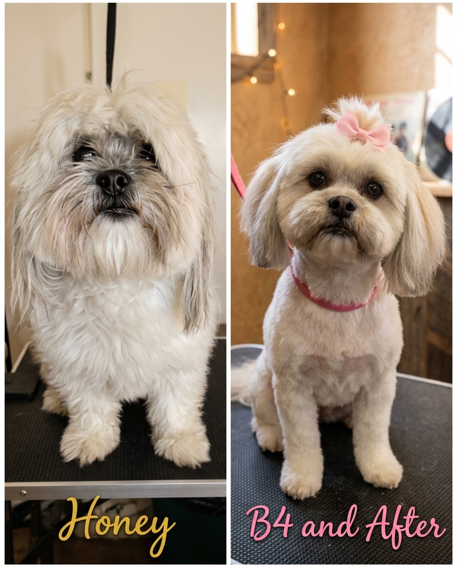 Before-and-after photos of Honey, a small cream Shih Tzu groomed at Love My Dog. Left: shaggy. Right: clean trim with a pink bow.