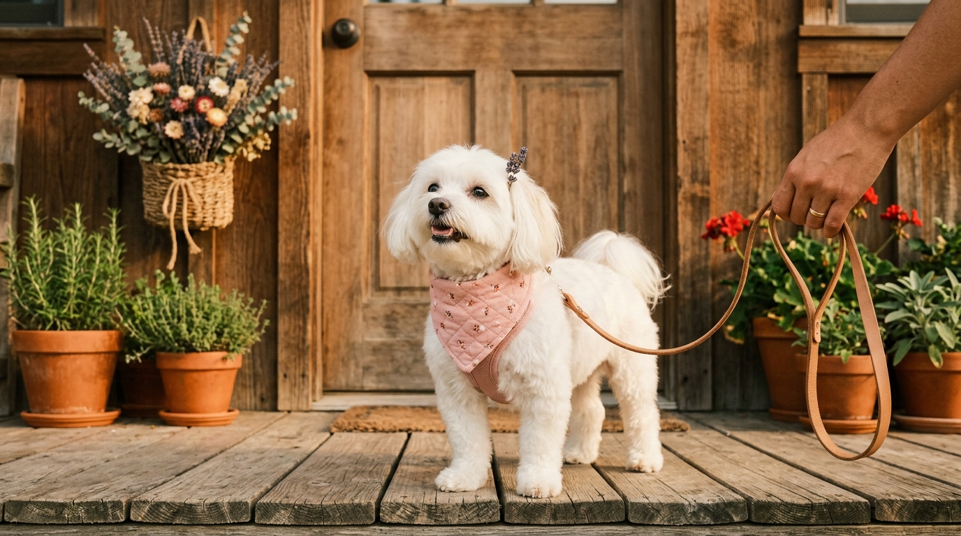A freshly groomed white fluffy dog wearing a soft pink bandana and a sprig of lavender behind one ear, standing on a porch.