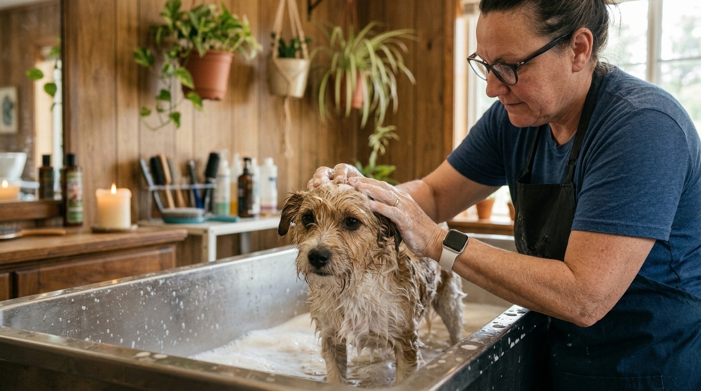 Christy gently bathing a wet terrier-mix puppy in a stainless-steel grooming tub, with hanging plants, a lit candle, and warm shop daylight in the background.