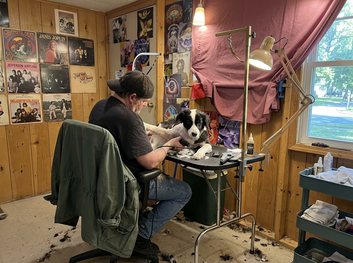 One of the owners working at the grooming table on a calm border collie puppy, with vinyl record album covers and rock posters on the wood-paneled wall behind.
