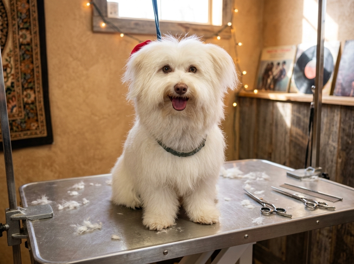 A freshly groomed small fluffy white dog with a red bow on its head, sitting on the stainless-steel grooming table, smiling at the camera with the shop's warm string lights and vinyl record covers softly visible behind.