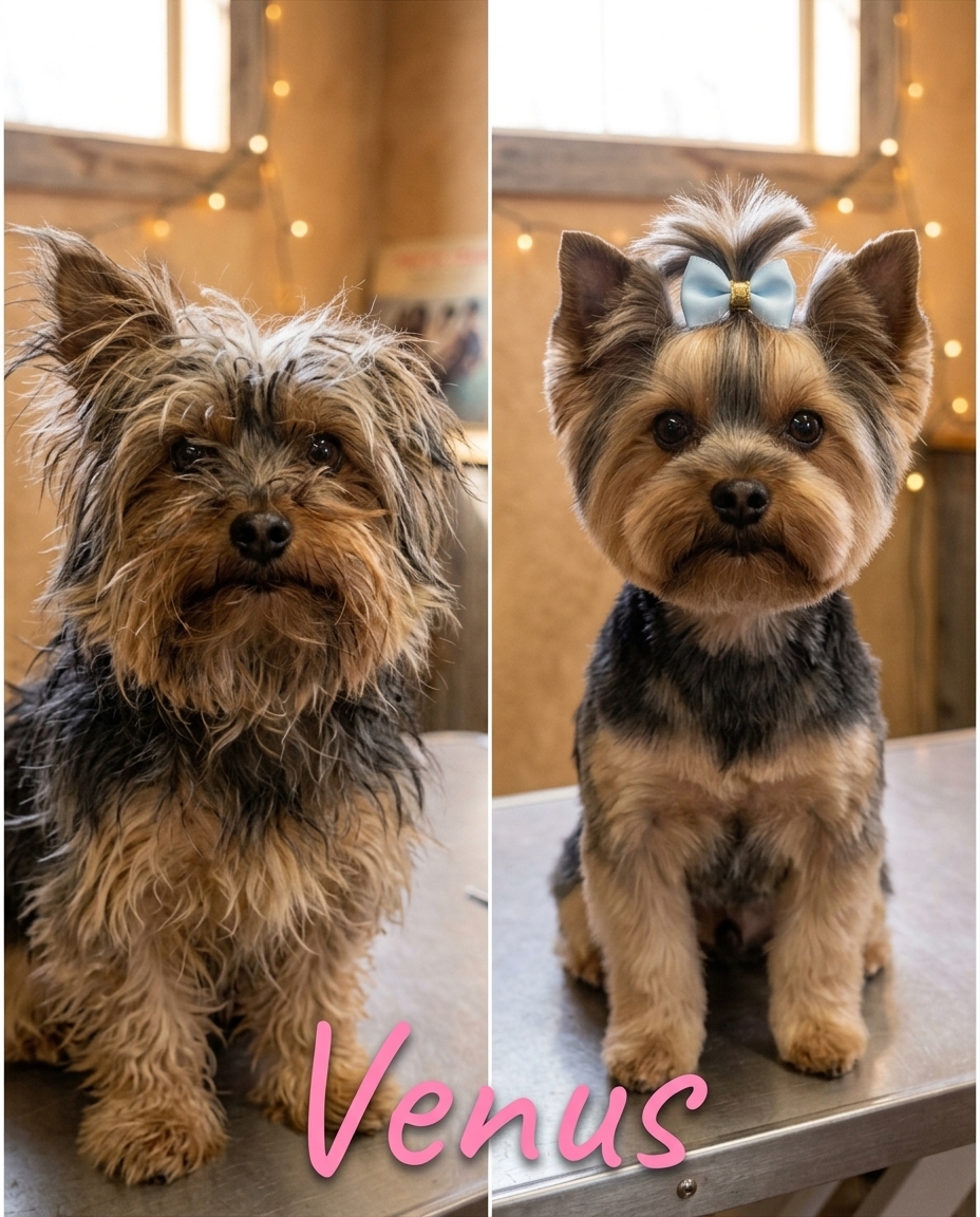 Before-and-after photos of Venus, a small Yorkshire Terrier groomed at Love My Dog. Left: matted, overgrown coat. Right: freshly groomed with a soft pastel blue bow.